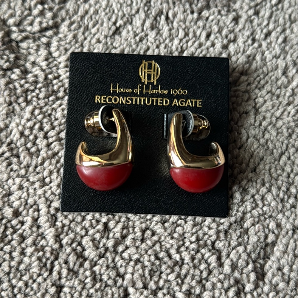 House of Harlow 1960 Reconstituted Red Agate Gold Tone Half Hoop Stud Earrings